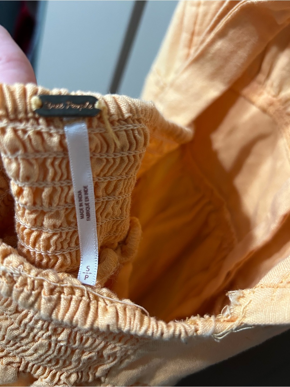 Free People peach Yellow Smocked Dress Top Ruffle sleeve Cotton Linen blend - Picture 5 of 6
